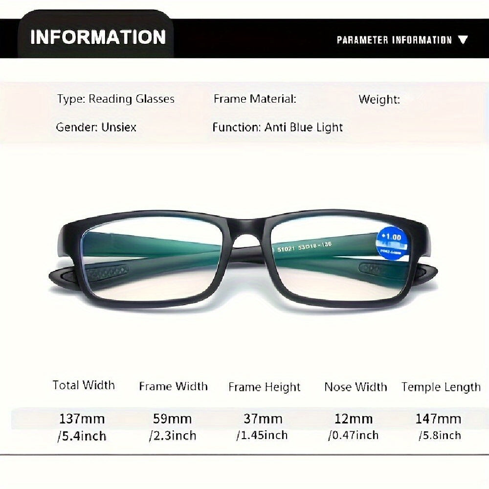 Lot de 4 lunettes de lecture sport tendance, monture rectangulaire complète pour hommes et femmes, puissances de +1,00 à +4,00, légères et élégantes