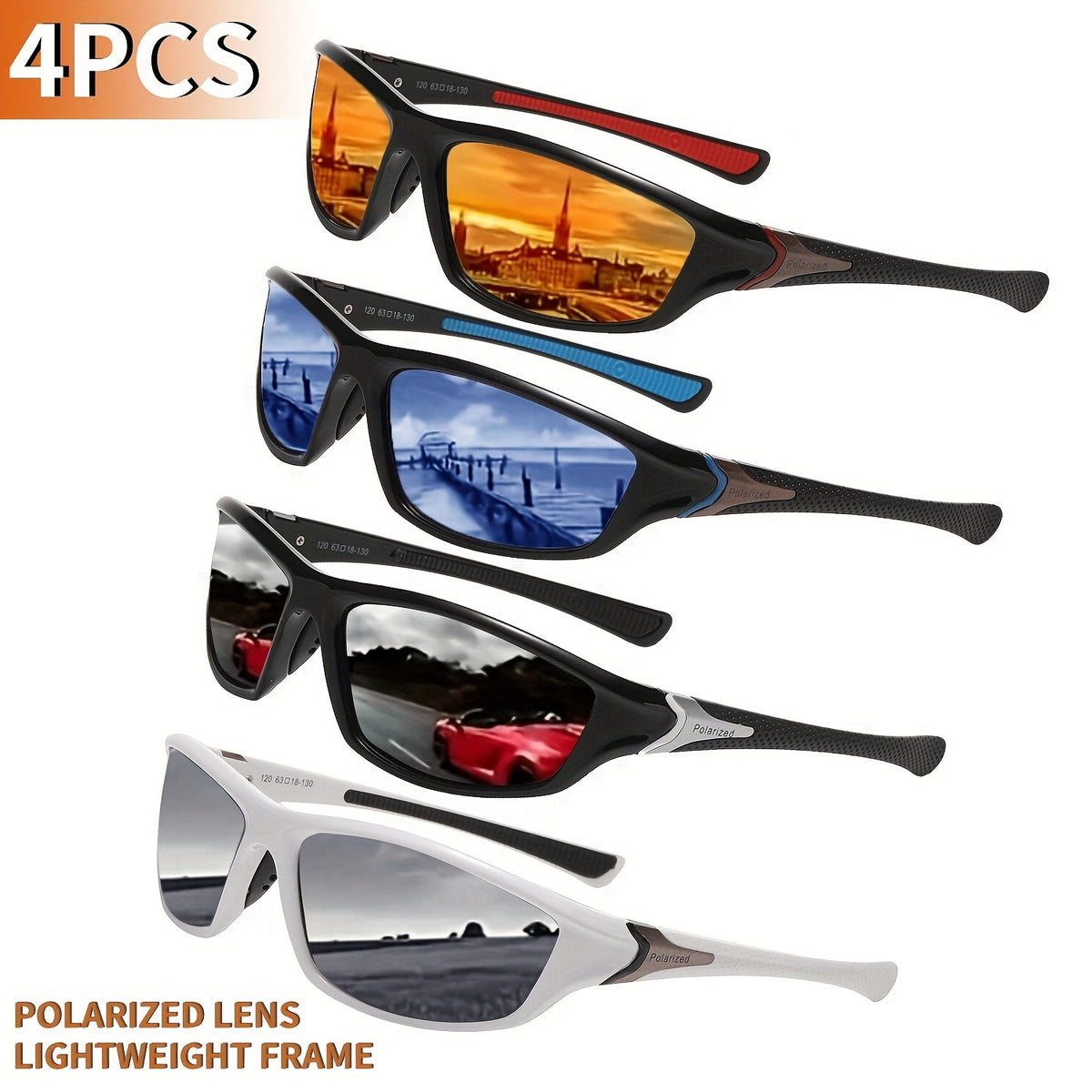 Lot de 4 paires de lunettes de soleil de sport UV400 pour hommes et femmes – Monture ultra-légère en PC avec protection complète des verres pour le cyclisme, la course à pied, l'escalade, la pêche et les voyages en plein air, pack économique.