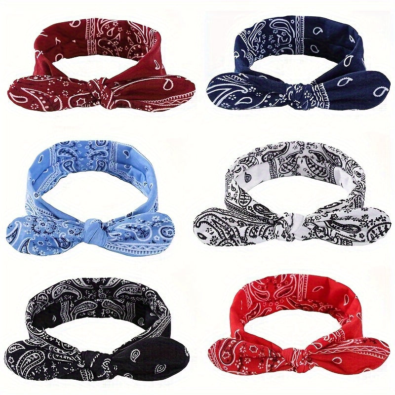 Lot de 6 bandeaux élastiques bohèmes à motif cachemire pour femmes – Foulards élastiques amples en 6 coloris (bleu ciel, noir, bleu marine, rouge vin, blanc, rouge), pour toutes les saisons, usage quotidien et extérieur