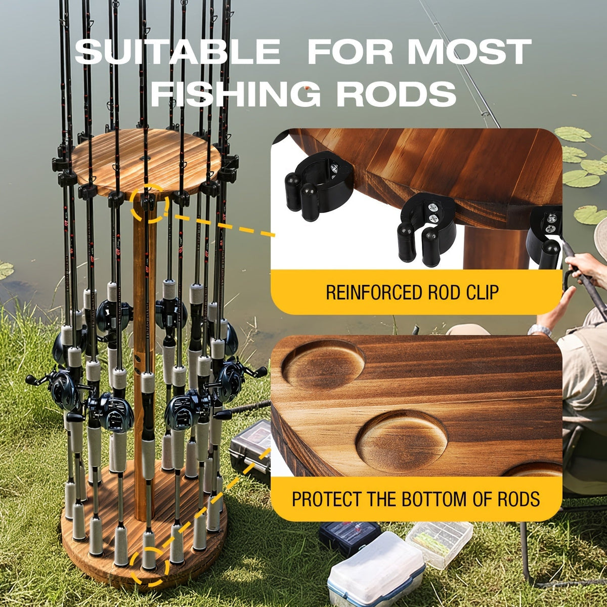 Support de cannes à pêche circulaire en bois, capacité 16 cannes, organisateur gain de place pour garage, abri de jardin ou espace détente – Options rotatif à 360° ou fixe, construction en bois robuste, cadeau pour pêcheur