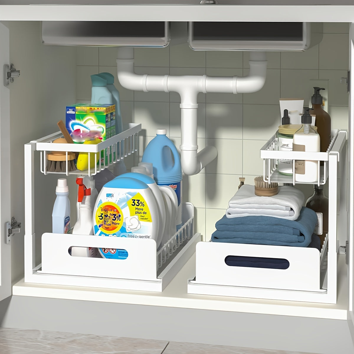 Organisateur sous évier avec étagère coulissante – Étagère de rangement en métal à deux niveaux pour cuisine, salle de bain, garde-manger et placard, organisateur de placard sous évier gain de place, disponible en lot de 1 et lot de 2
