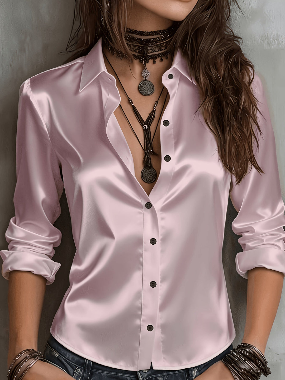 Chemisier élégant en satin pour femme, haut boutonné à l'aspect soyeux, idéal pour le travail, le bureau ou une tenue décontractée, toutes saisons, tailles S M L XL XXL