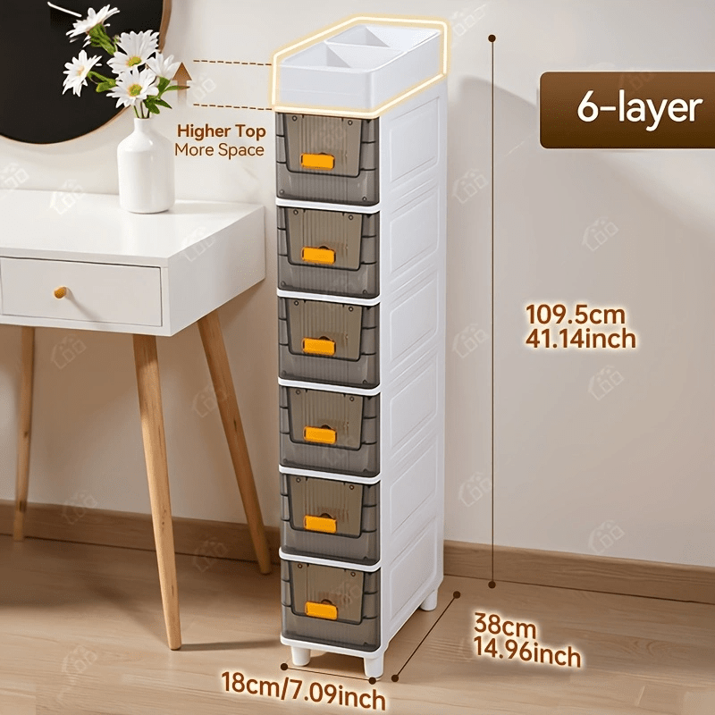 Meuble de rangement fin à roulettes avec tiroirs, organisateur en PP imperméable à 3, 4, 5 ou 6 niveaux pour salle de bain, cuisine, chambre, petits espaces – Tour de rangement étroite