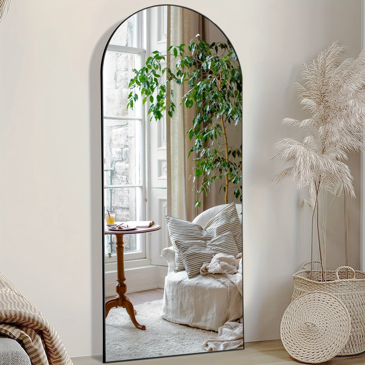 Miroir pleine longueur arqué avec support 64x21 / 59x16 pouces, miroir de sol en verre nano incassable avec cadre en alliage d'aluminium, miroir pleine longueur sur pied pour chambre, salon, vestiaire, décoration murale