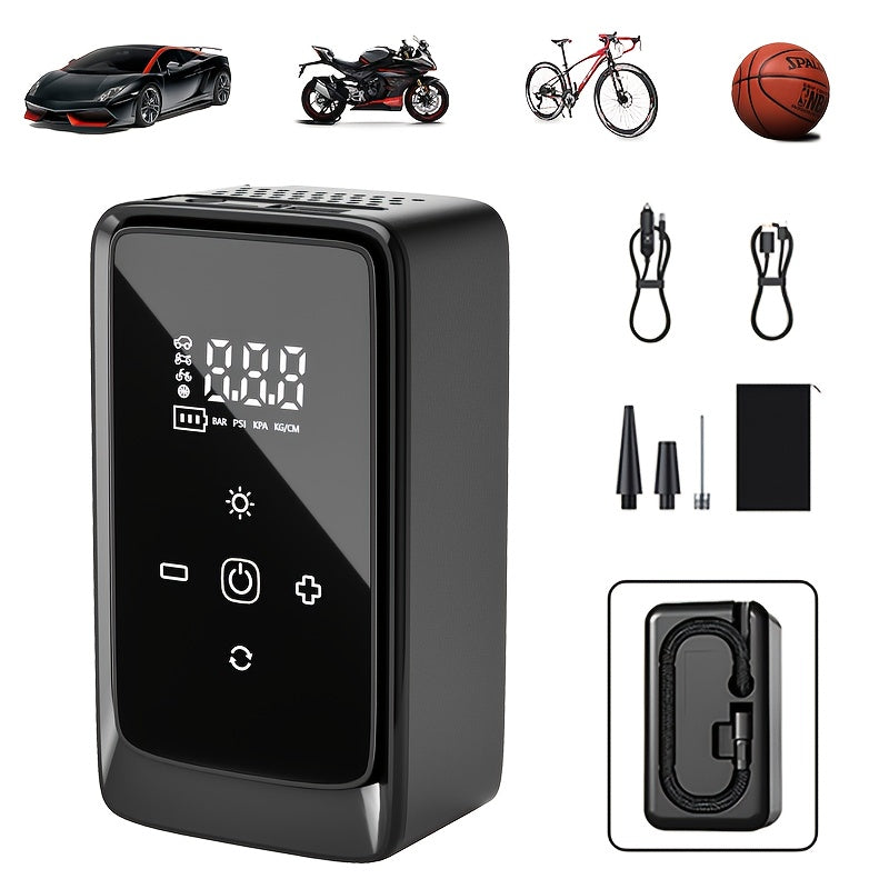 Gonfleur de pneus portable sans fil – Compresseur d'air intelligent sans fil avec manomètre numérique et lampe LED pour voitures, motos, vélos et ballons, recharge rapide Type-C