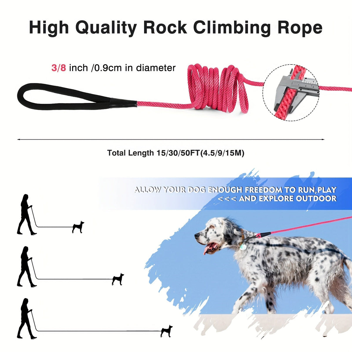 Laisse de dressage longue en nylon 4,5 m, 9 m, 15 m – Longe de rappel pour le dressage de chiens de petite, moyenne et grande taille, pour le camping, la randonnée, la plage et l'entraînement à la liberté en extérieur