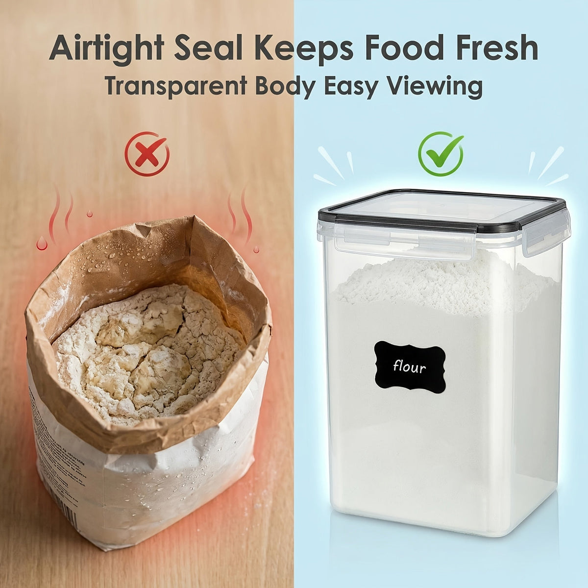 Lot de 4 grands récipients hermétiques de conservation alimentaire, boîtes en plastique sans BPA pour farine, sucre, riz, pâtes, fournitures de pâtisserie avec couvercles, 4 tasses à mesurer, 24 étiquettes, ensemble organisateur de garde-manger noir