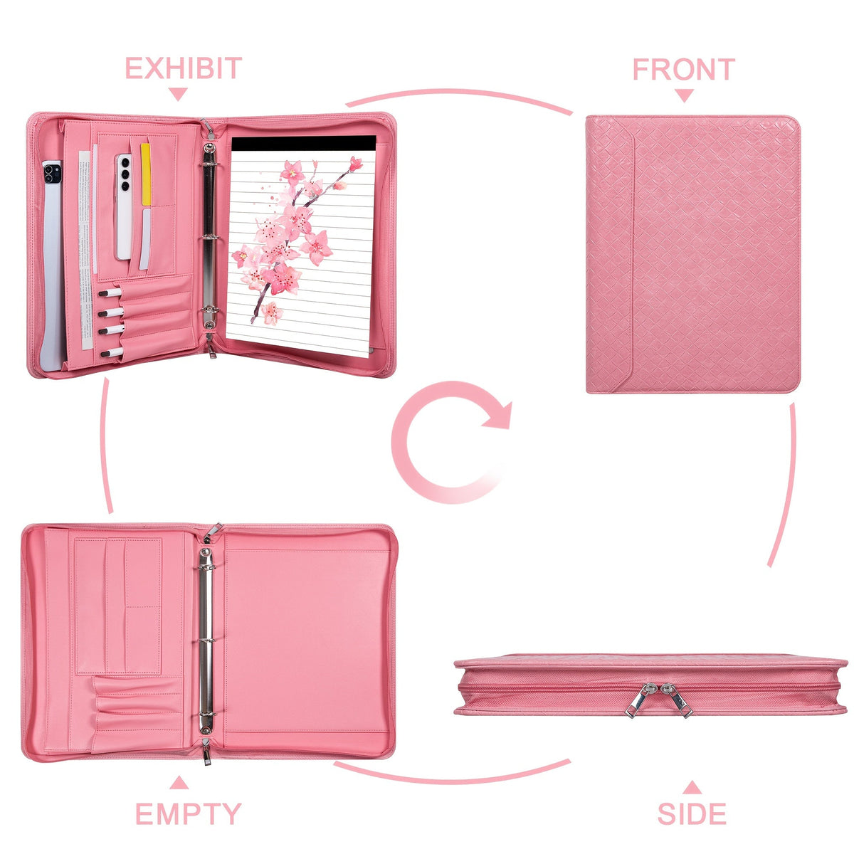 Classeur à anneaux avec fermeture éclair en cuir vegan, format A4, avec pochette pour ordinateur portable, organisateur de travail pour femmes et hommes