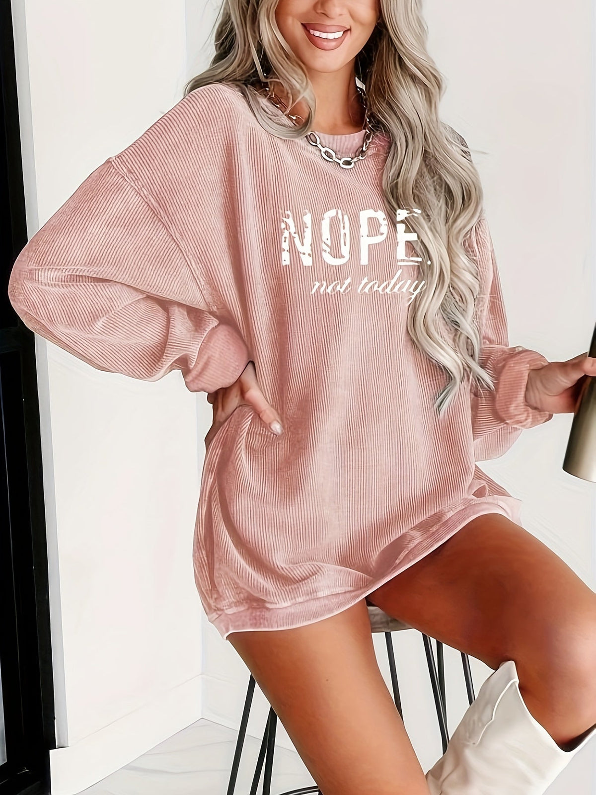 Haut à manches longues imprimé NOPE pour femmes, t-shirt à motif avec col rond, pull décontracté S M L XL XXL, kaki rose à imprimé lettres
