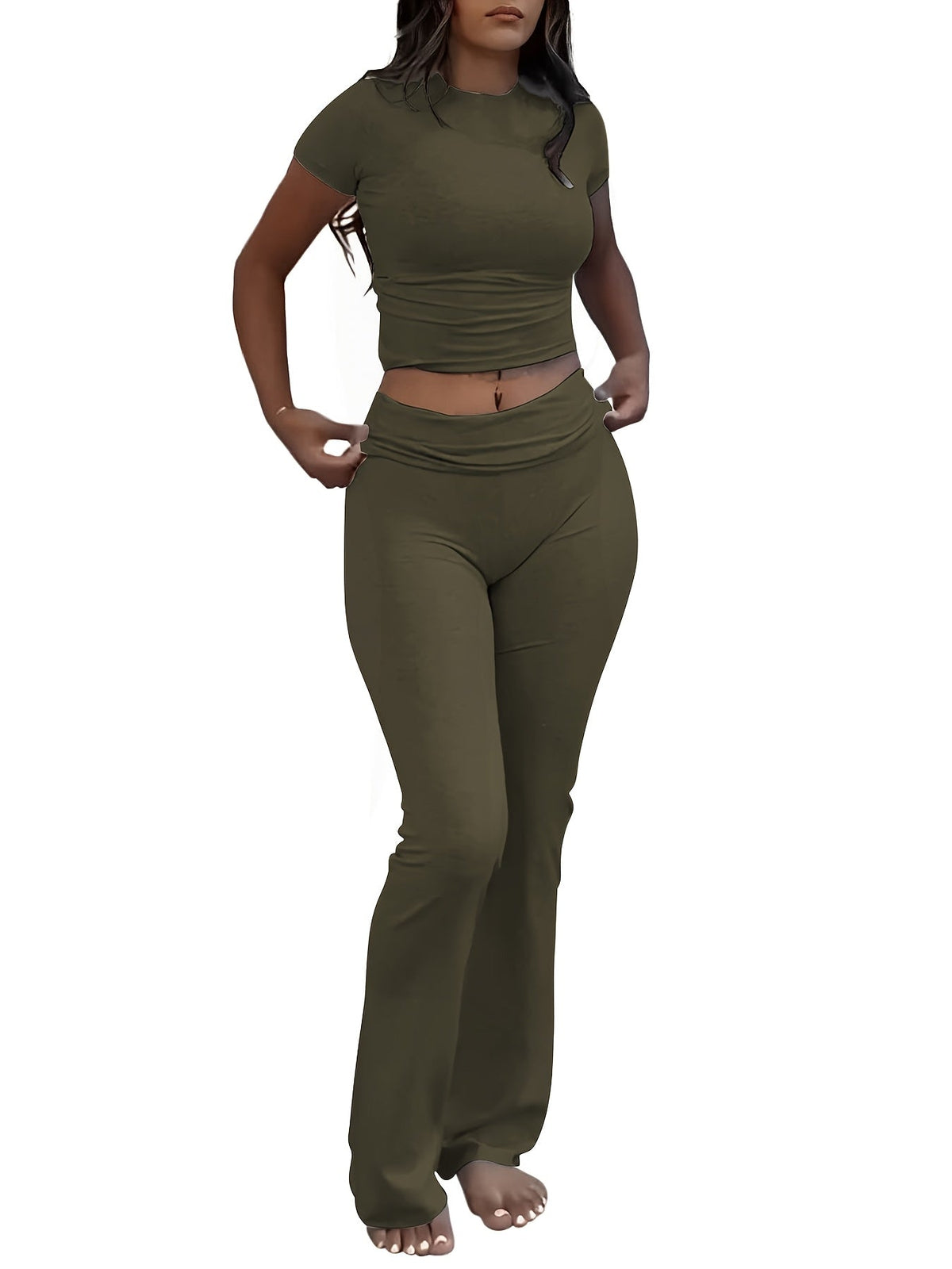 Ensemble deux pièces pour femme - T-shirt ajusté à manches courtes et col rond & pantalon moulant à pattes d'eph, tenue décontractée unie pour le quotidien, tailles XS-XL