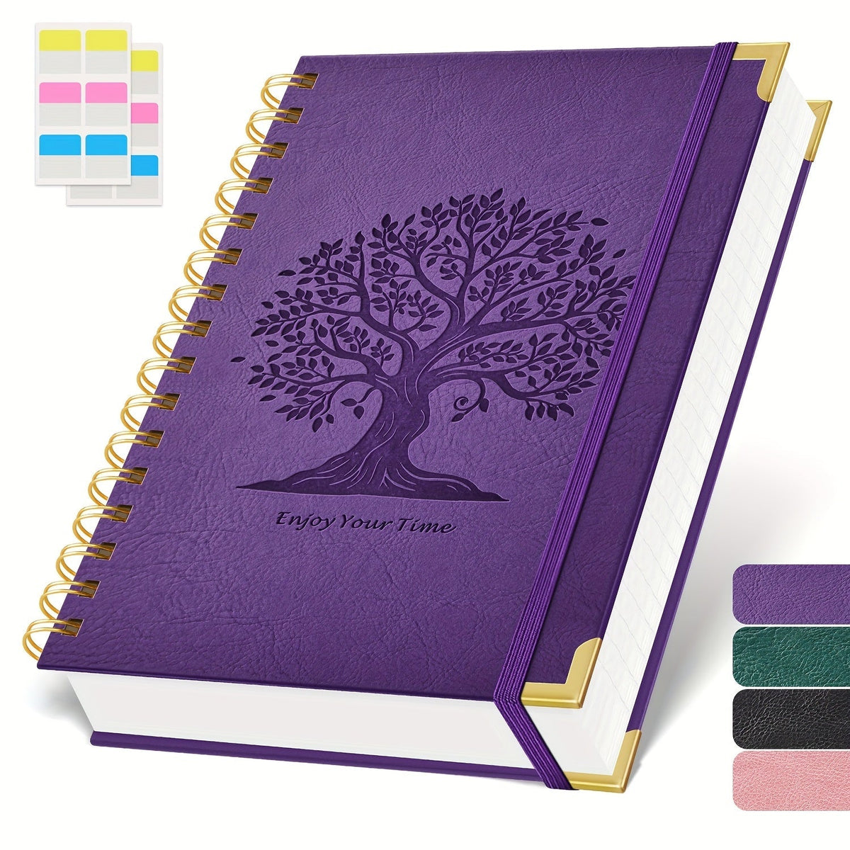 Cahier à spirales format A5 à couverture rigide, 300 pages – Papier épais 100 g/m² anti-transparence, carnet à couverture en cuir pour l'université, le travail et l'écriture – Pour hommes et femmes (Rose, Noir, Vert, Violet)