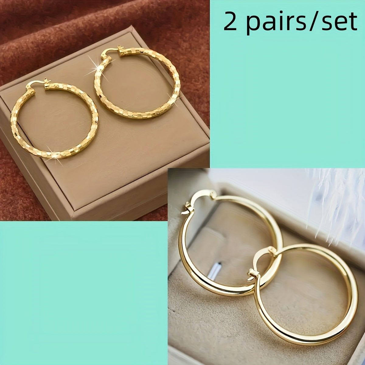 2 paires de boucles d'oreilles créoles rondes en cuivre doré – Finition torsadée et lisse, boucles d'oreilles élégantes pour femmes, bijoux légers pour un usage quotidien, cadeau pour elle pour les fêtes et les vacances