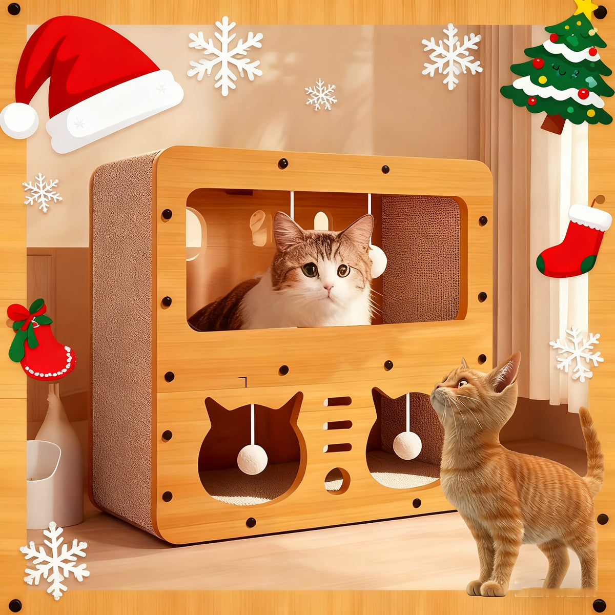 Large Cat House with Scratcher Pads & Plush Ball Toys – Ventilated Indoor Outdoor Cat Shelter, Choose Single Door, Double Door or Luxury Double-Layer Design, Great Cat Gift