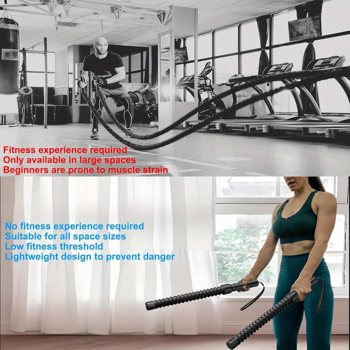Ensemble de cordes de combat sans fil, 2 pièces – Corde de combat portable pour entraînement musculaire des bras à domicile, équipement de fitness pour hommes et femmes, exercice en intérieur et en extérieur