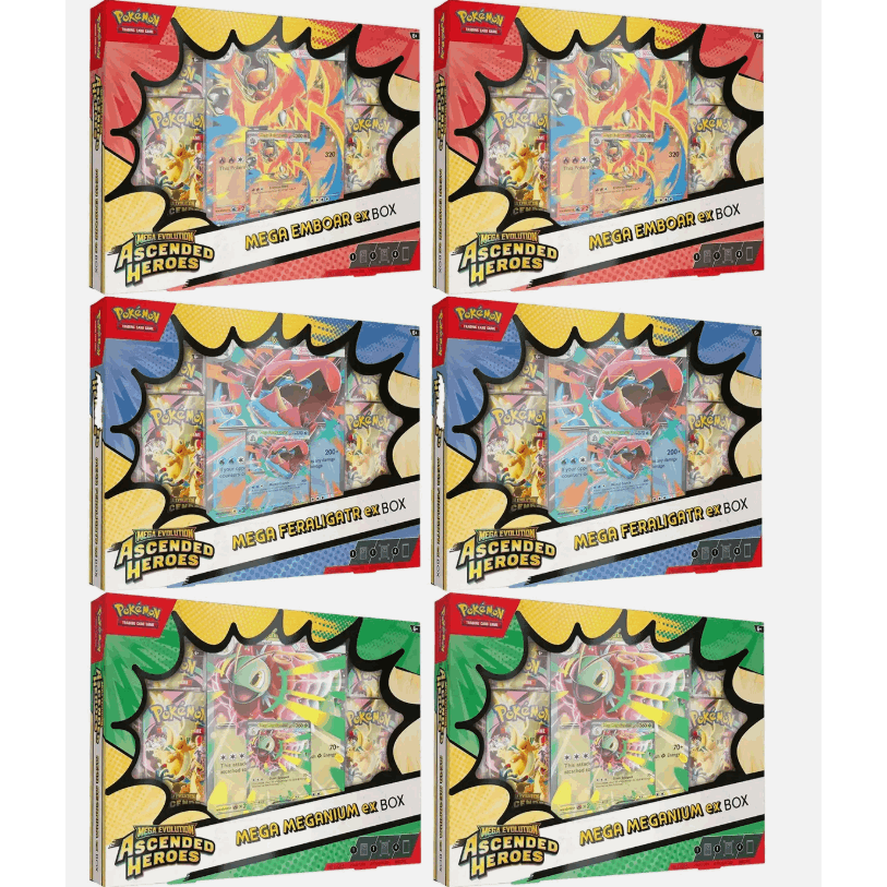 Coffret de collection Pokémon JCC Mega Évolution Ascended Heroes ex – Scellé en usine, lot de 6, incluant une carte promo brillante Mega Méganium/Roitiflam/Aligatueur ex, une carte lenticulaire et 4 boosters par coffret – Coffret de collection premium