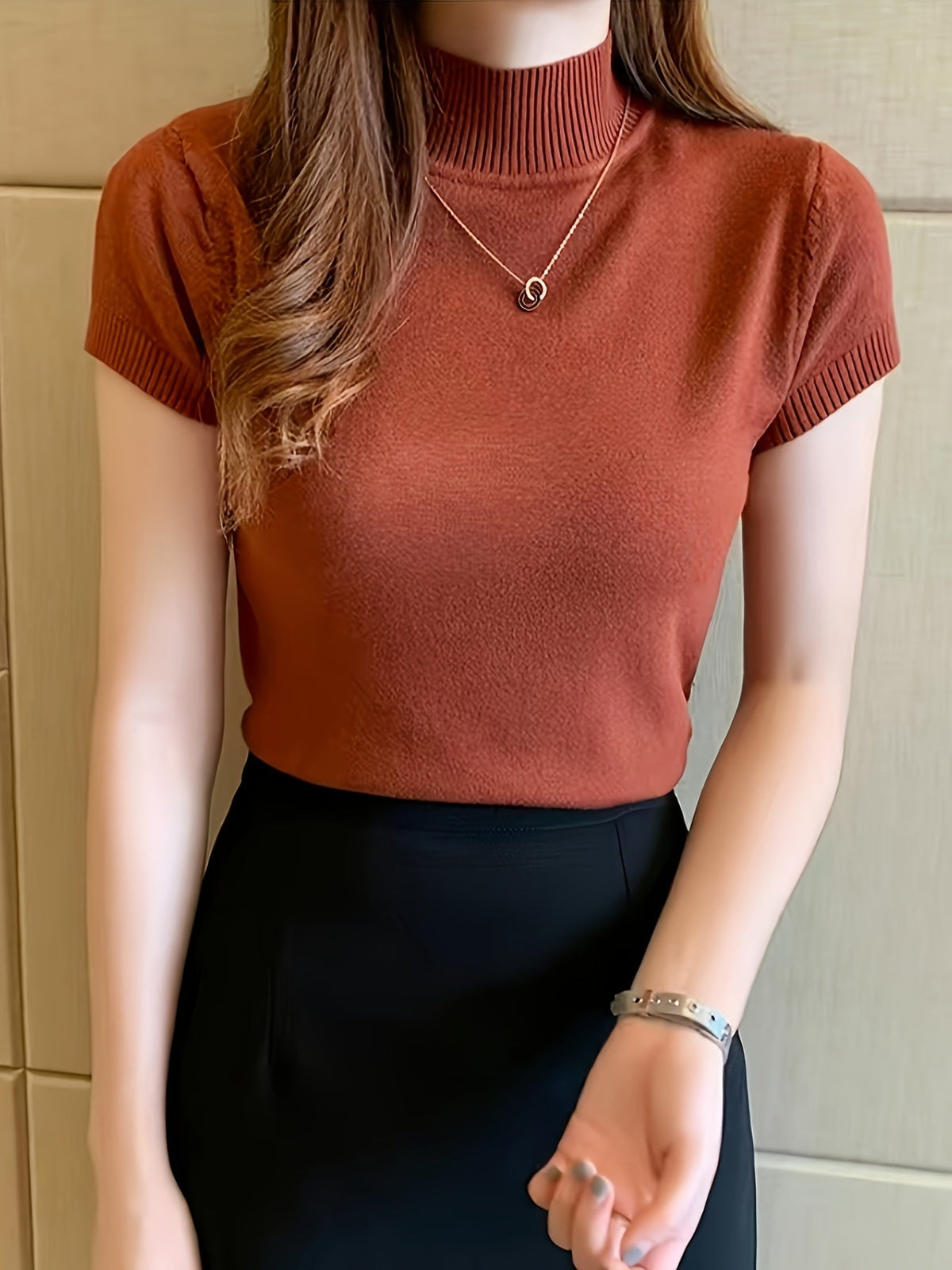 Pull à manches courtes et col montant en fibre glacée pour femme | Haut en maille fine rafraîchissant et léger, tenue décontractée et polyvalente pour l'été