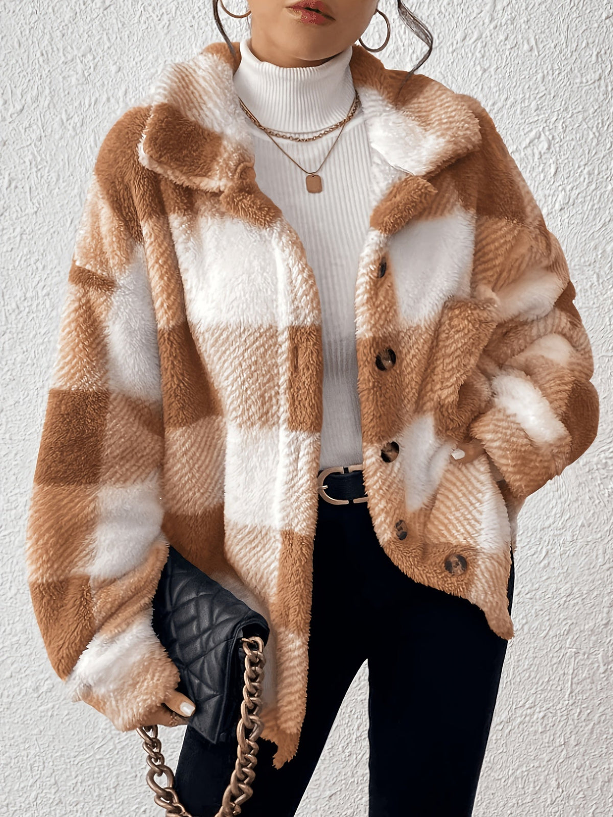 Women's Plaid Plush Button-Front Jacket – Elegant Casual Fuzzy Coat Warm Cozy Outerwear Autumn Winter Daily Wear