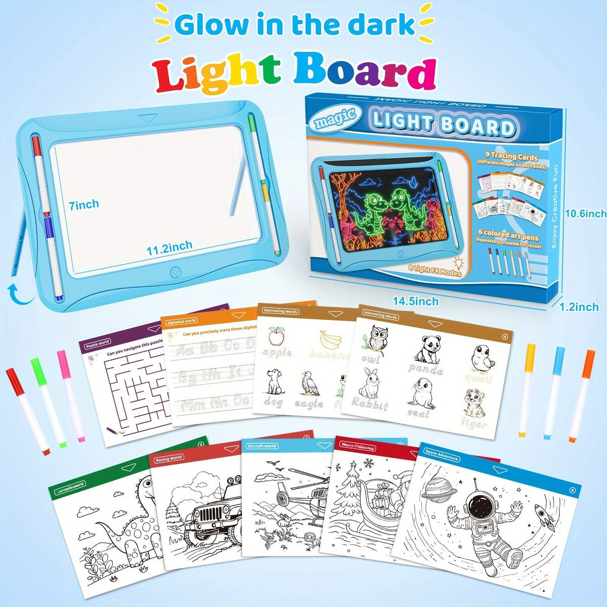 Tablette à dessin lumineuse LED pour enfants de 3 à 8 ans – Kit d’art phosphorescent avec 9 cartes recto-verso et 6 marqueurs, jouet éducatif de voyage, cadeau d'anniversaire et de Noël pour filles et garçons