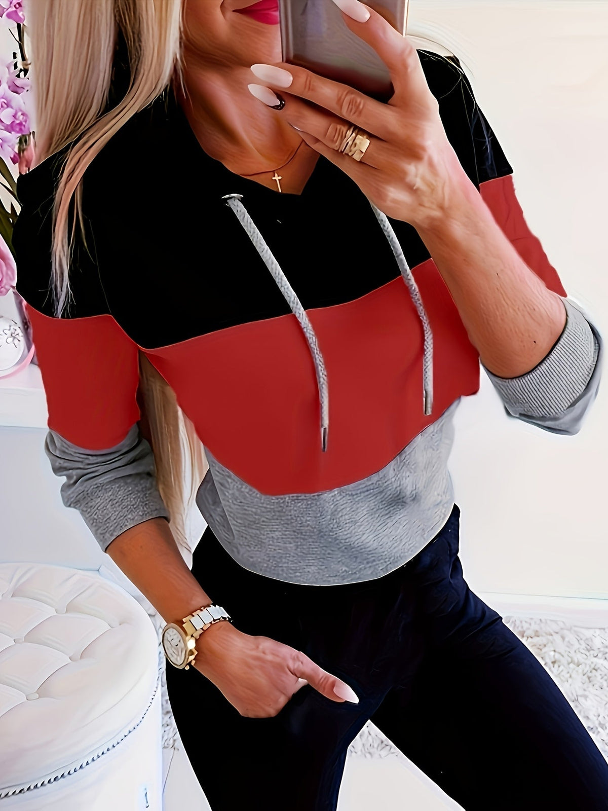 Sweat à capuche décontracté pour femme, color block, à cordon de serrage, manches longues, patchwork, style streetwear, S-XXL, plusieurs coloris