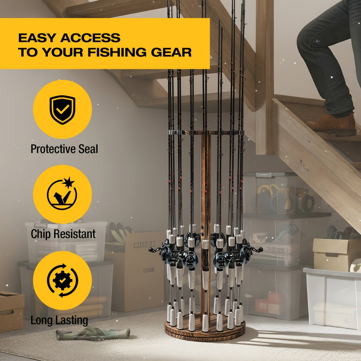 Support de cannes à pêche circulaire en bois, capacité 16 cannes, organisateur gain de place pour garage, abri de jardin ou espace détente – Options rotatif à 360° ou fixe, construction en bois robuste, cadeau pour pêcheur
