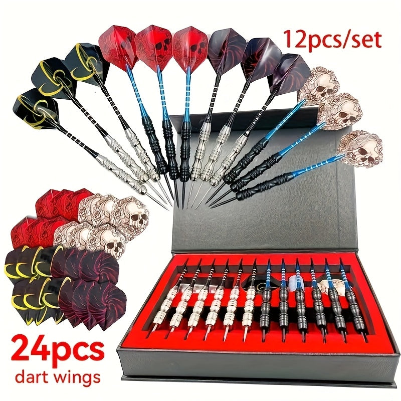 Ensemble de fléchettes à pointe en acier avec ailettes tête de mort – Coffret cadeau deluxe, pointe en fer et tige en alliage d'aluminium, tailles multiples – pour divertissement en club, compétitions sportives et parties de fléchettes décontractées