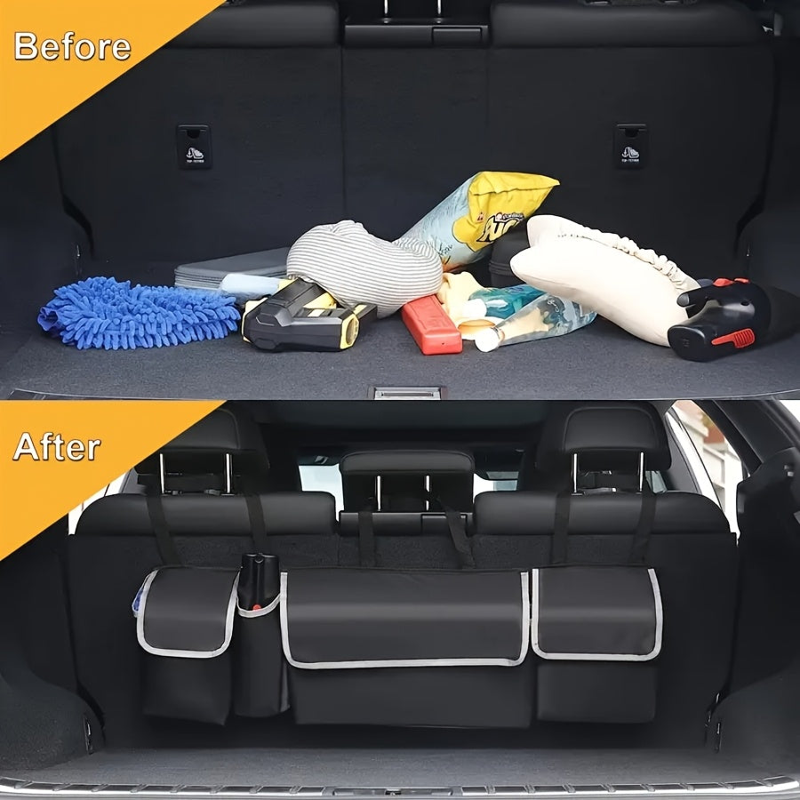 Organisateur de coffre de voiture à suspendre au siège arrière avec 4 poches, sac de rangement pliable pour SUV, camion, monospace et fourgon – Organisateur de rangement intérieur noir à poches multiples pour les voyages et l'usage quotidien