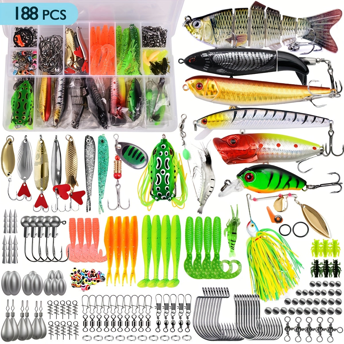Kit de leurres de pêche, coffret de 78/106/188/361 pièces pour eau douce, comprenant cuillères, vers souples, hameçons et accessoires pour la pêche au bar, à la truite et au saumon, équipement de pêche complet pour débutants et professionnels