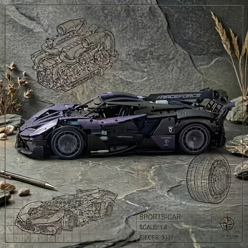 Ensemble de construction de supercar à l'échelle 1:8 de 3332 pièces – Modèle réduit de voiture musclée en édition limitée violet foncé, carrosserie profilée, design modulaire, objet de collection pour les passionnés de voitures, les garçons et les adultes