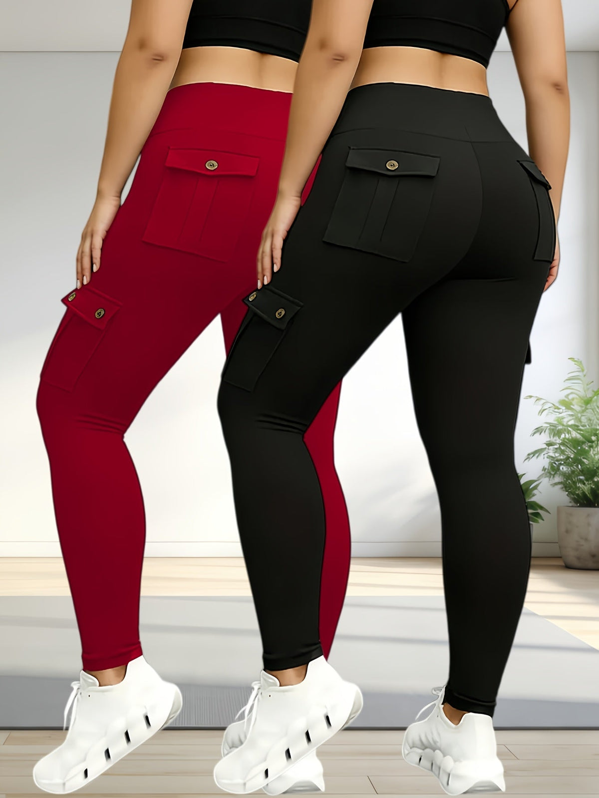 Lot de 5 leggings de yoga taille haute pour femme avec poches, élastiques et extensibles, leggings de sport pour la course à pied, S-XXL, couleurs unies noir bleu marine gris rose rouge, poches à rabat avec bouton, ensemble de vêtements de sport