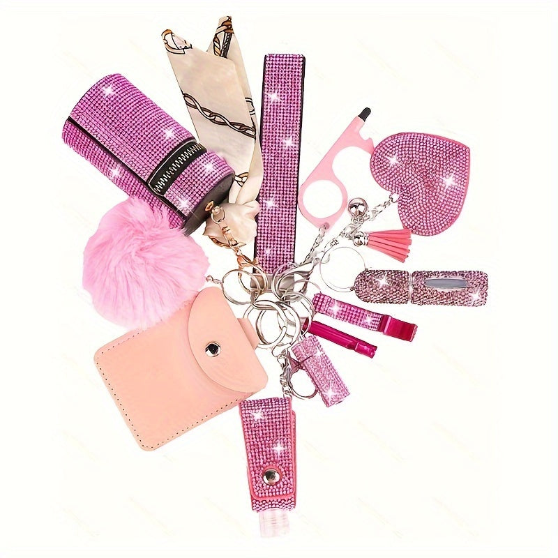 Ensemble de 11 porte-clés à strass pour femmes – Anneau multifonction avec porte-carte, pilulier, sifflet, flacon de parfum et pochette de rangement, cadeau idéal pour elle