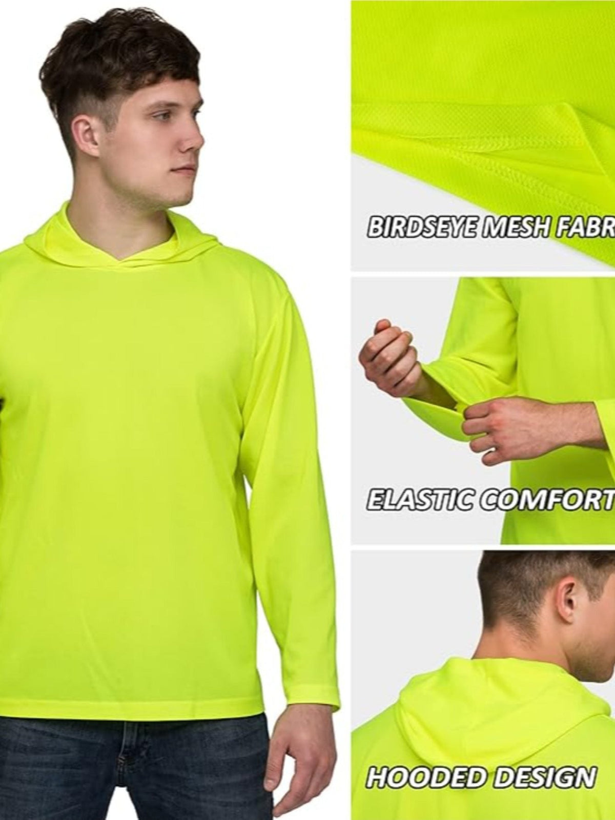 Lot de 3 sweats à capuche de protection solaire UPF 50+ pour homme, manches longues, évacuation de l'humidité, séchage rapide, respirant, t-shirt de performance pour randonnée, pêche, course à pied – Tailles S à XXXL, jaune fluorescent