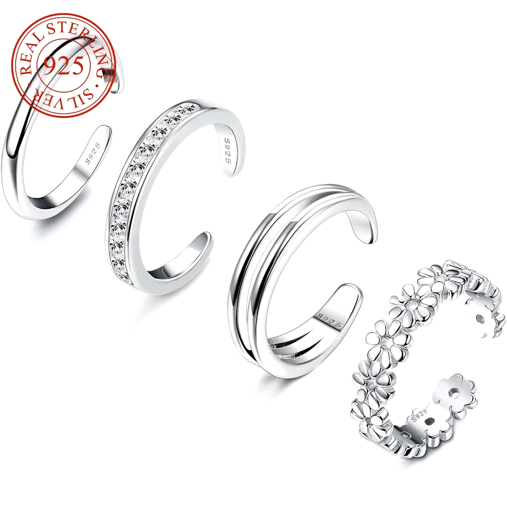 Lot de 4 bagues d'orteil réglables en argent sterling 925 pour femme - Anneaux ouverts avec fleur de marguerite et oxyde de zirconium, bijoux bohèmes légers de 6 g pour orteils, pouces ou petits doigts, cadeau pour vacances ou fête