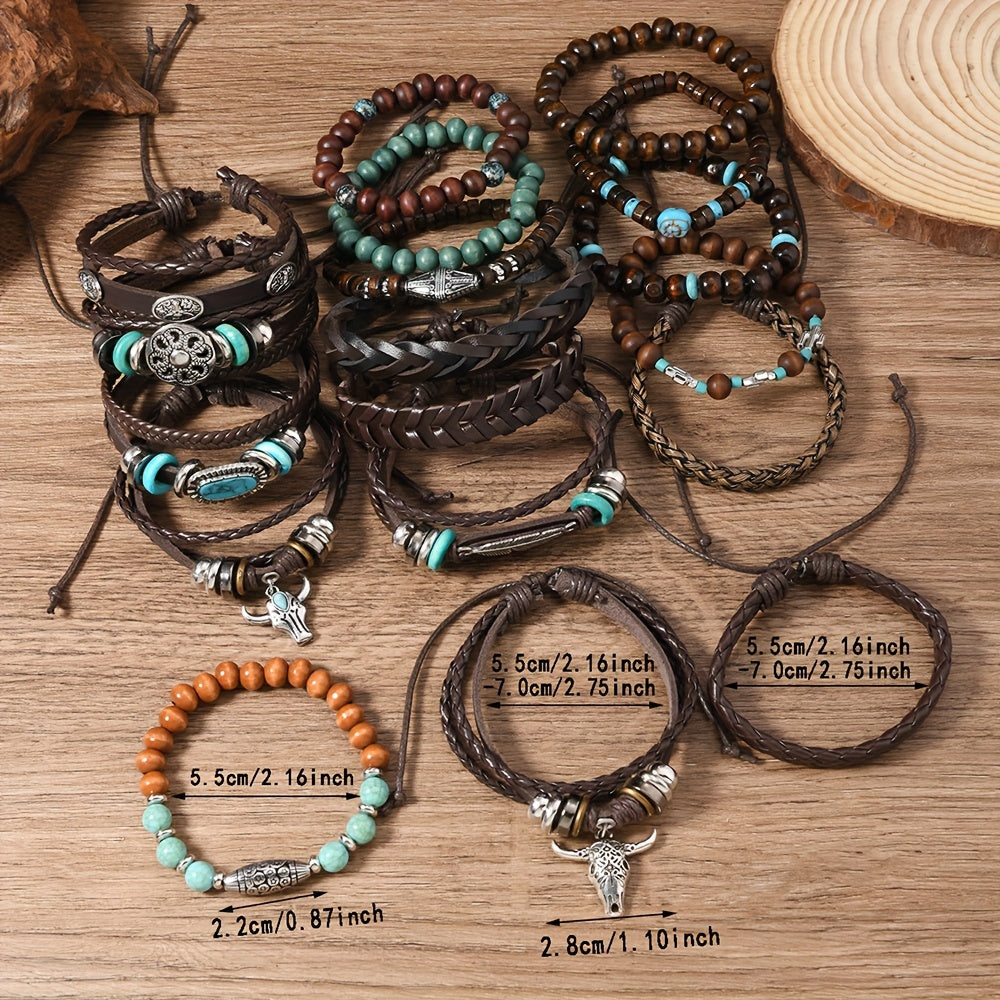 Lot de 24 bracelets bohèmes style western turquoise – Superpositions de bracelets tissés avec plumes, perles en bois et breloques en alliage, bracelets rétro empilables pour femme, cadeau idéal ou souvenir de fête