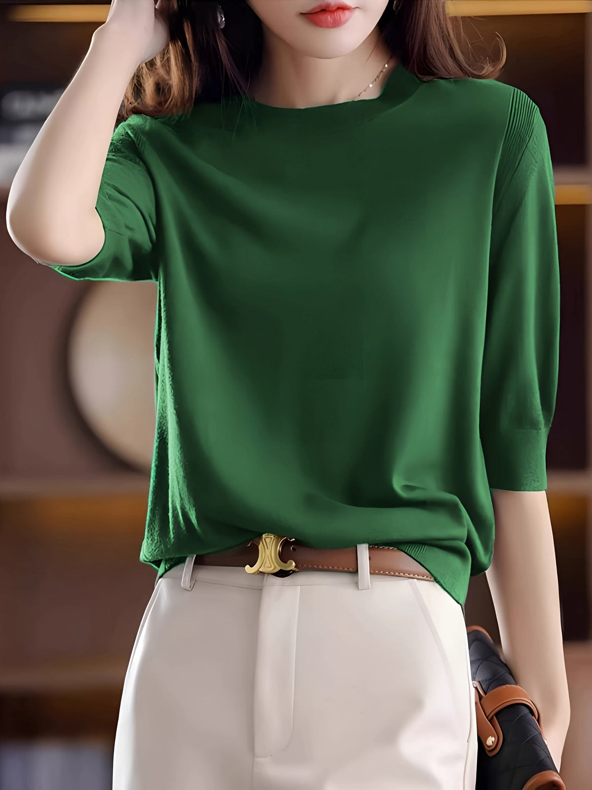 Women's Ribbed Knit Crew Neck Three-Quarter Sleeve Pullover Sweater Top – Vintage Elegant Stretch Soft Fabric Spring Autumn Long Sleeve Blouse S-XXL