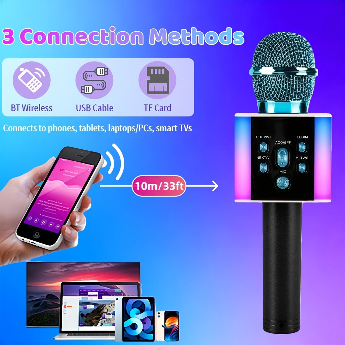Microphone karaoké sans fil 5-en-1 avec haut-parleur intégré, lumières LED et changeur de voix – Micro de chant Bluetooth portable pour fêtes, réunions de famille, voyages et activités en plein air, 10 couleurs