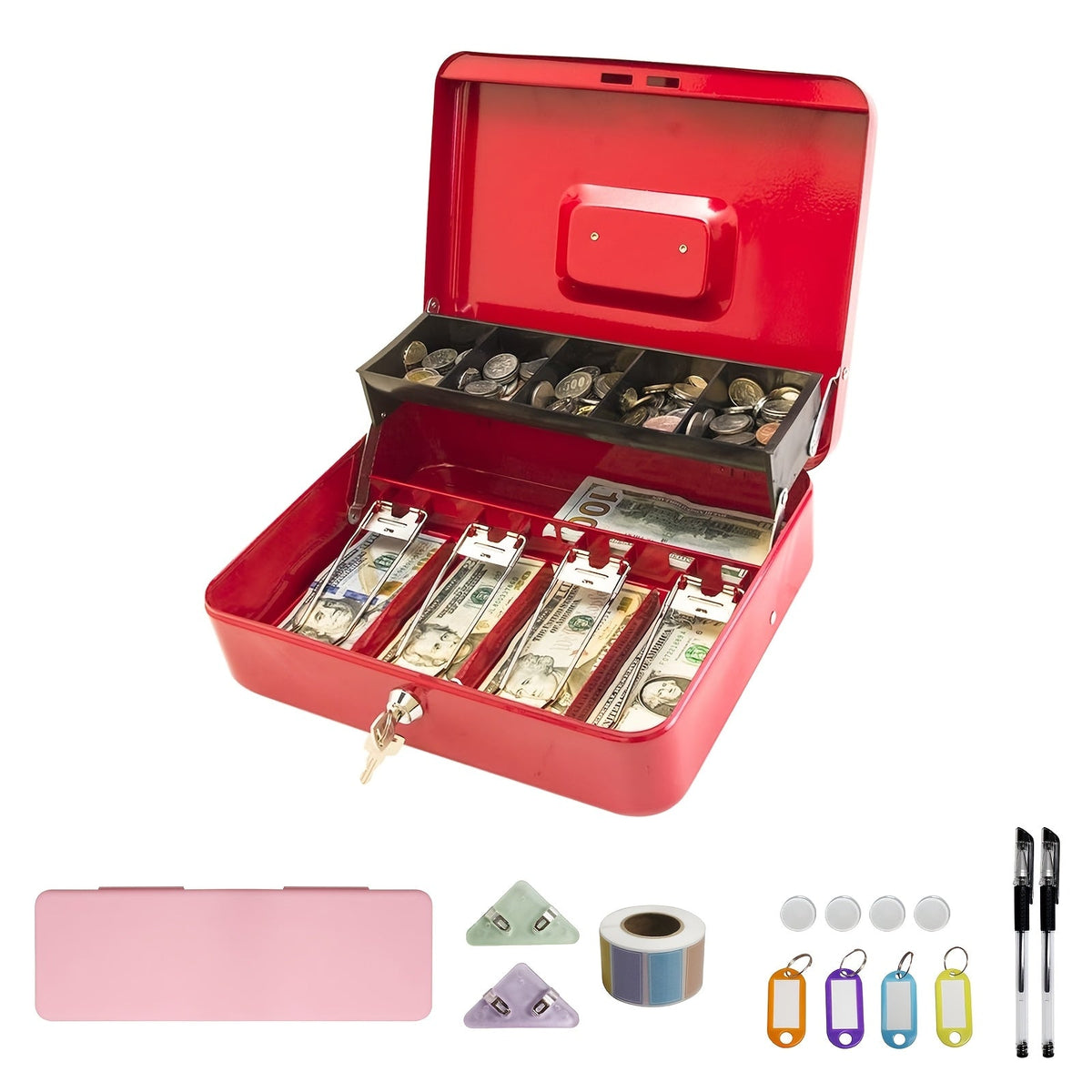 Grande caisse verrouillable avec plateau à monnaie – Coffre de sécurité en métal avec 6 accessoires pour caisse enregistreuse, maison, bureau et entreprise, 6 couleurs, options de verrouillage à clé et à combinaison