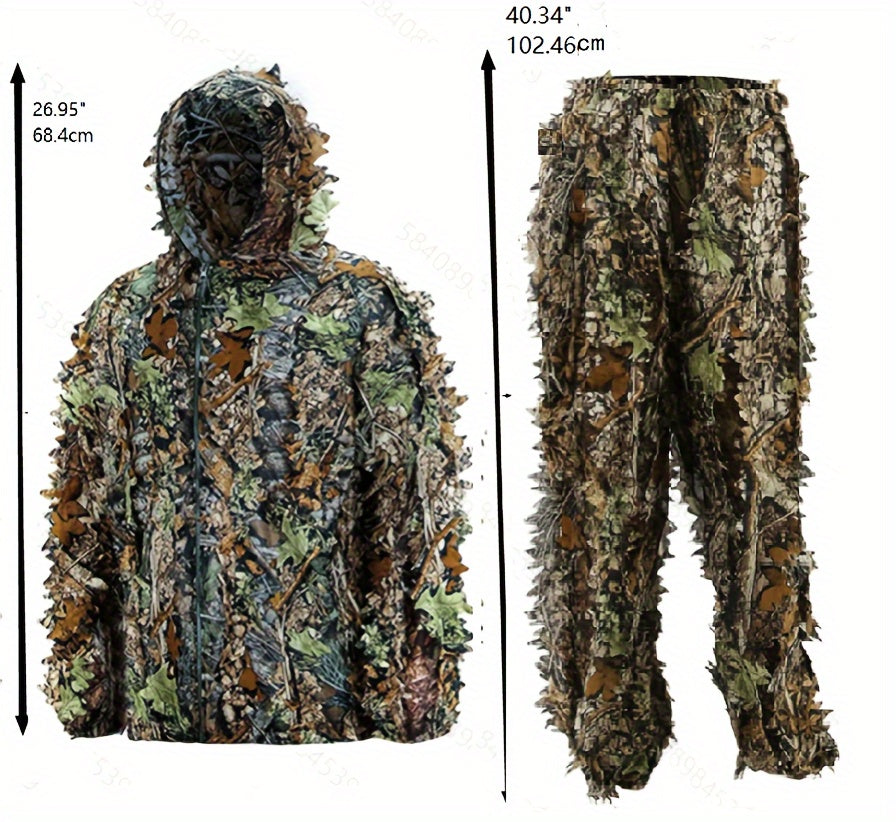 Tenue de camouflage 3D Ghillie pour homme – Ensemble veste à capuche et pantalon léger, vêtements de chasse respirants à motif feuilles 3D, 0,43 kg