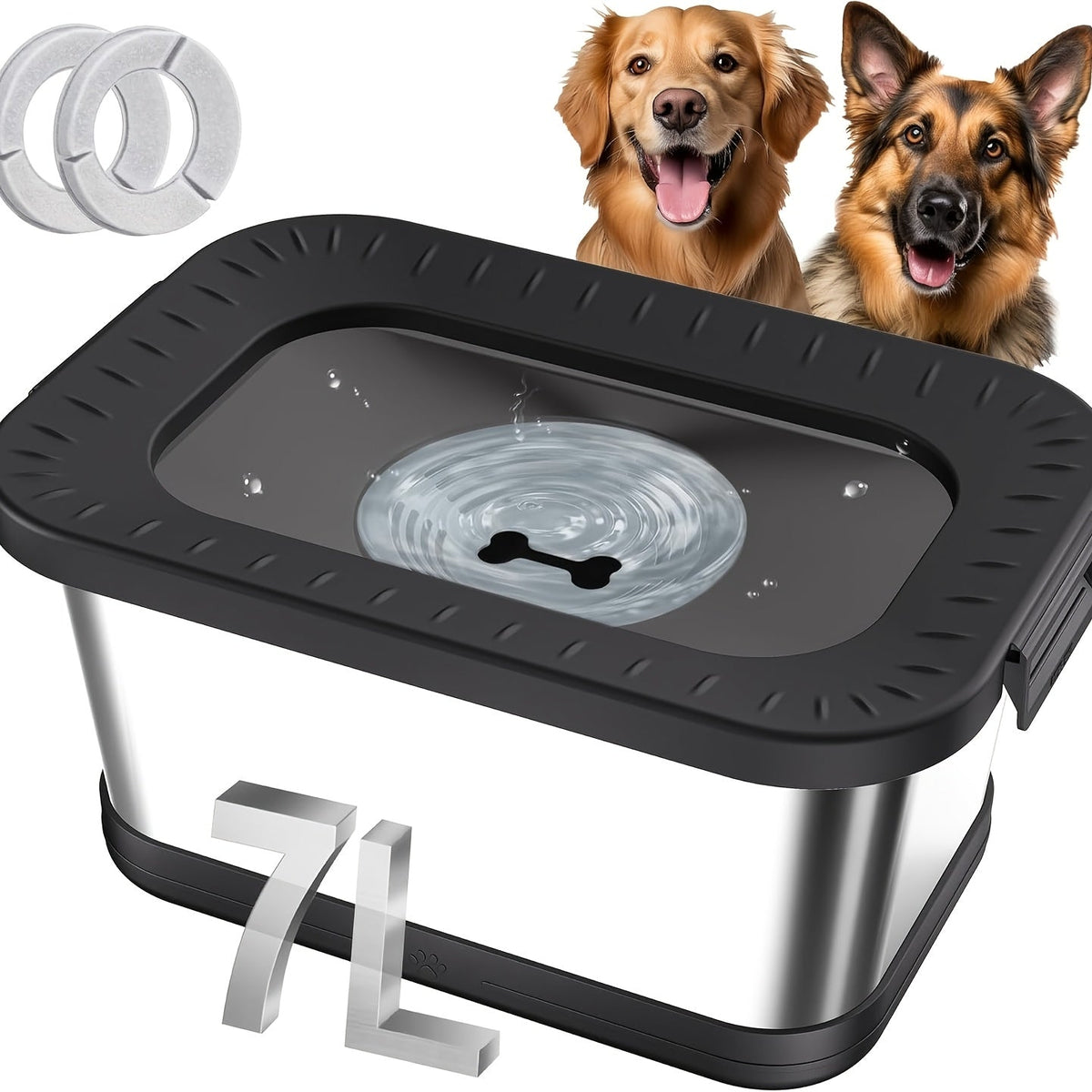 Gamelle pour chien en acier inoxydable de 7 L, anti-éclaboussures et anti-déversement, distributeur d'eau lente pour buveurs désordonnés, bol pour animal de compagnie robuste pour intérieur et extérieur – Grande capacité
