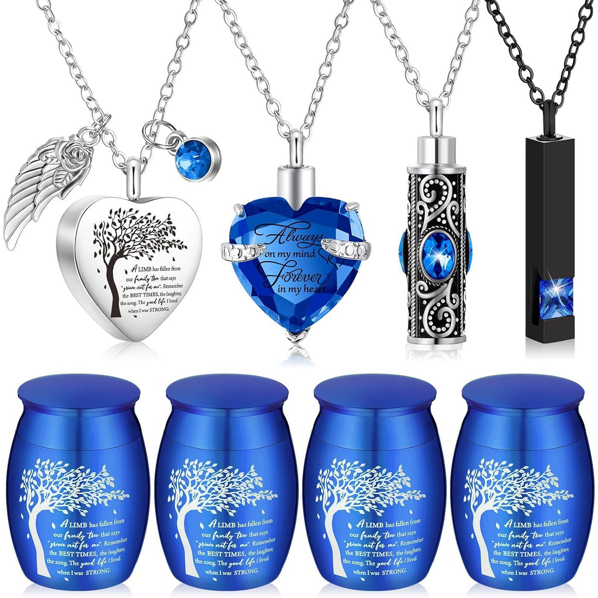 Lot de 8 petites urnes funéraires pour cendres – Ensemble de souvenirs en alliage avec pendentif médaillon en forme de cœur « Arbre de vie » pour hommes et femmes, cadeau commémoratif pour inhumation et crémation, 8 couleurs