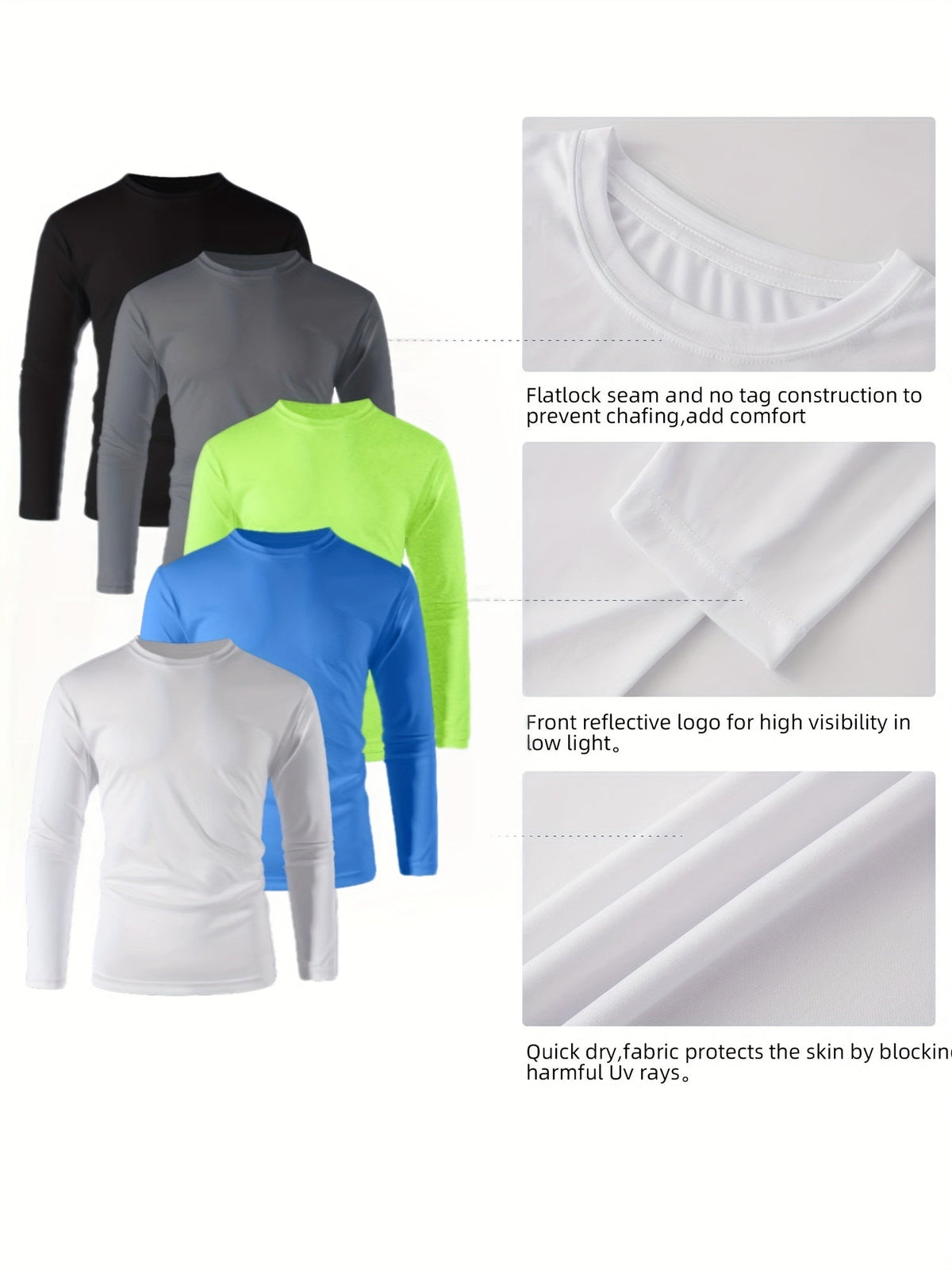 Lot de 5 t-shirts à manches longues pour homme – T-shirt de sport à séchage rapide, 100 % polyester, anti-humidité, S-3XL, idéal pour la course, l'entraînement, la randonnée, le golf et le quotidien