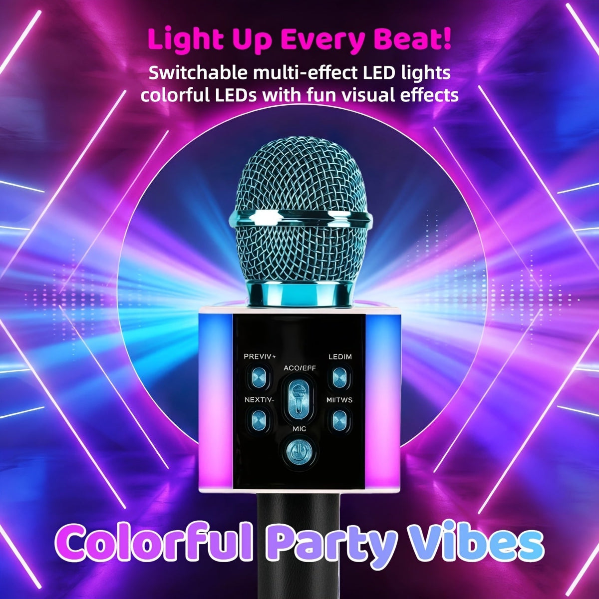 Microphone karaoké sans fil 5-en-1 avec haut-parleur intégré, lumières LED et changeur de voix – Micro de chant Bluetooth portable pour fêtes, réunions de famille, voyages et activités en plein air, 10 couleurs