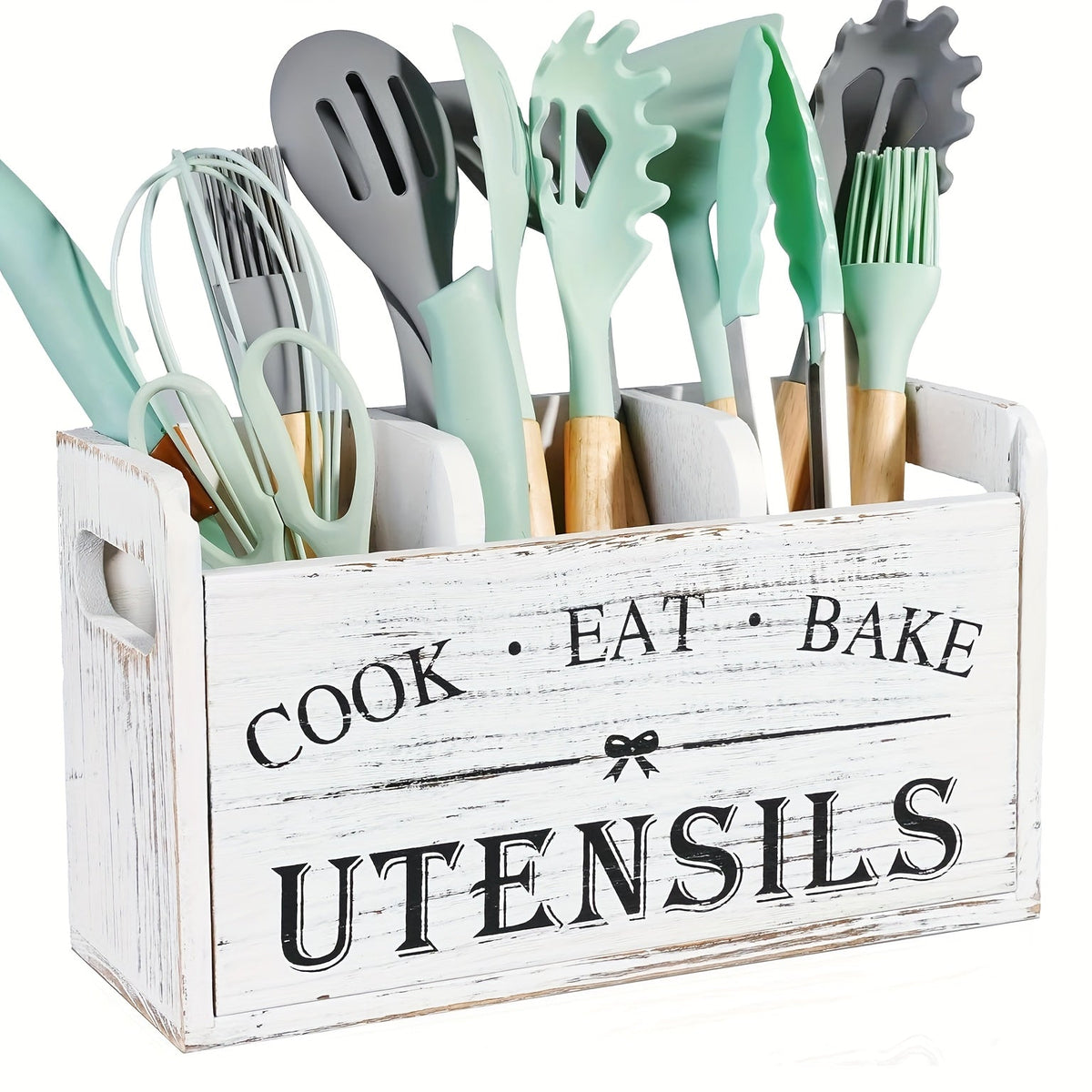 Organisateur d'ustensiles de cuisine rustique en bois avec poignée et 3 compartiments – Rangement pour comptoir ou mural pour outils de cuisine, de pâtisserie et de salle à manger – Rangement de cuisine style ferme en blanc et noir