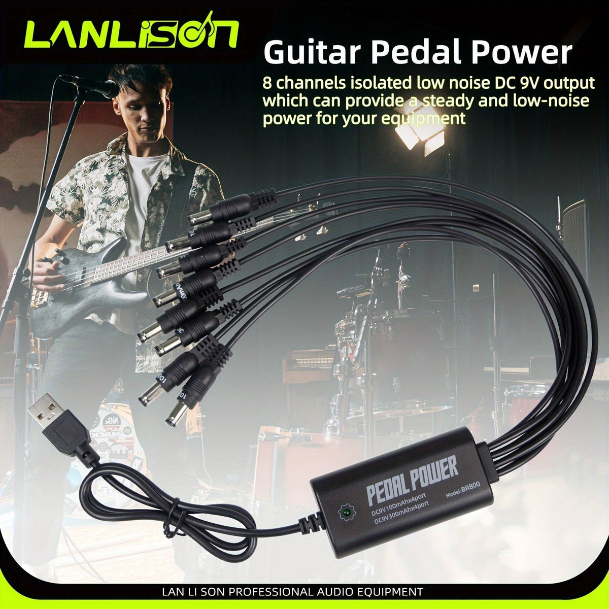 Alimentation isolée à 8 ports pour pédales de guitare avec recharge USB – Sorties CC 9V, 12V, 18V sans bruit pour pédales d'effet et accessoires, compatible avec la plupart des pedalboards