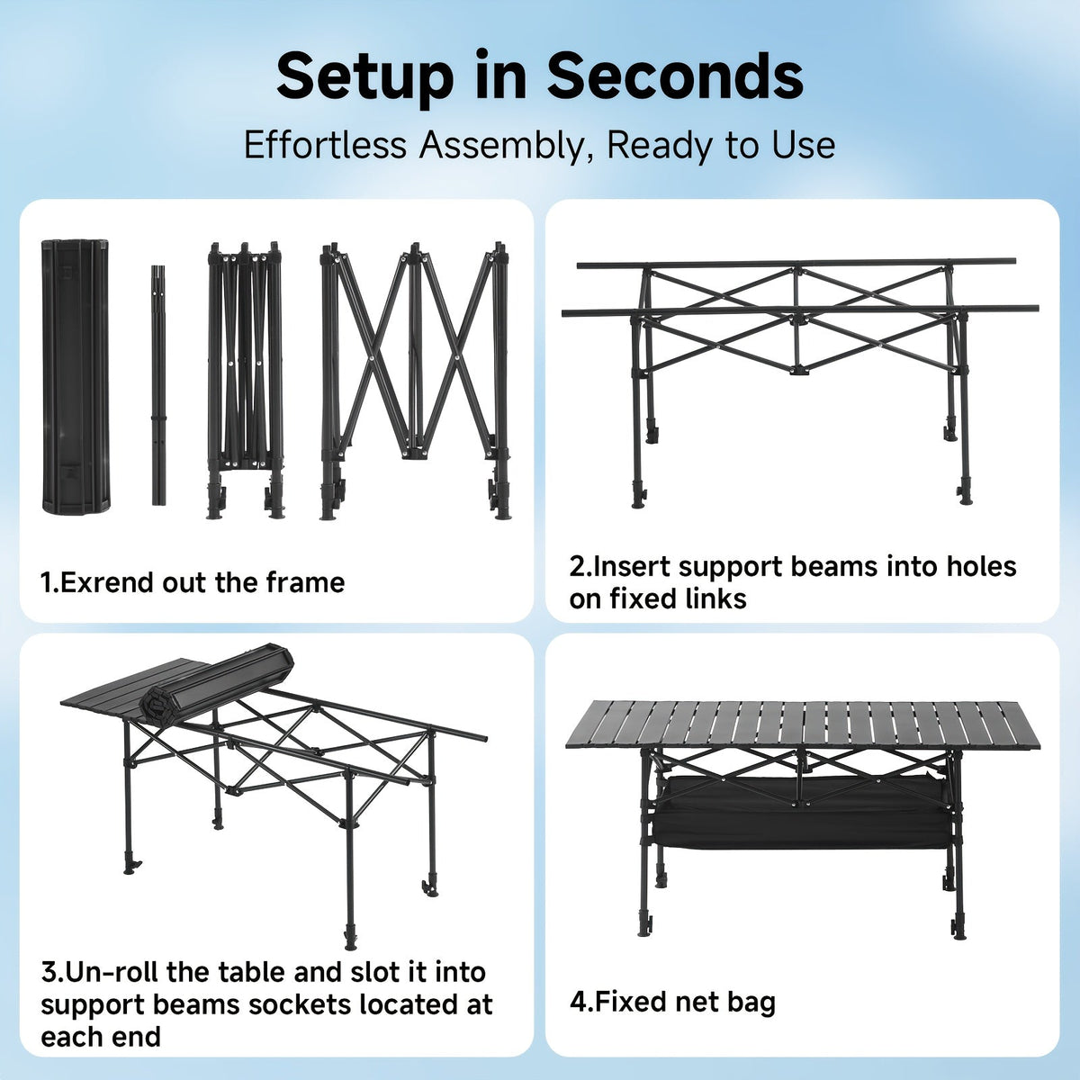 Table de camping pliante portable en aluminium, légère, pour pique-nique en plein air, avec filet de rangement et sac de transport – Hauteur réglable 95 cm, facile à ranger, pour camping, plage, jardin, barbecue, fête et terrasse