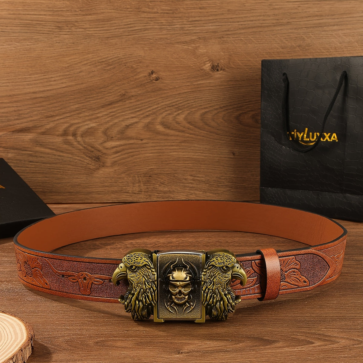 Ceinture de cowboy rétro avec briquet amovible – Ceinture fantaisie à motifs imprimés en relief (tête de mort, aigle, croix et motifs amérindiens), cadeau original pour hommes pour Noël, Thanksgiving et la Saint-Valentin
