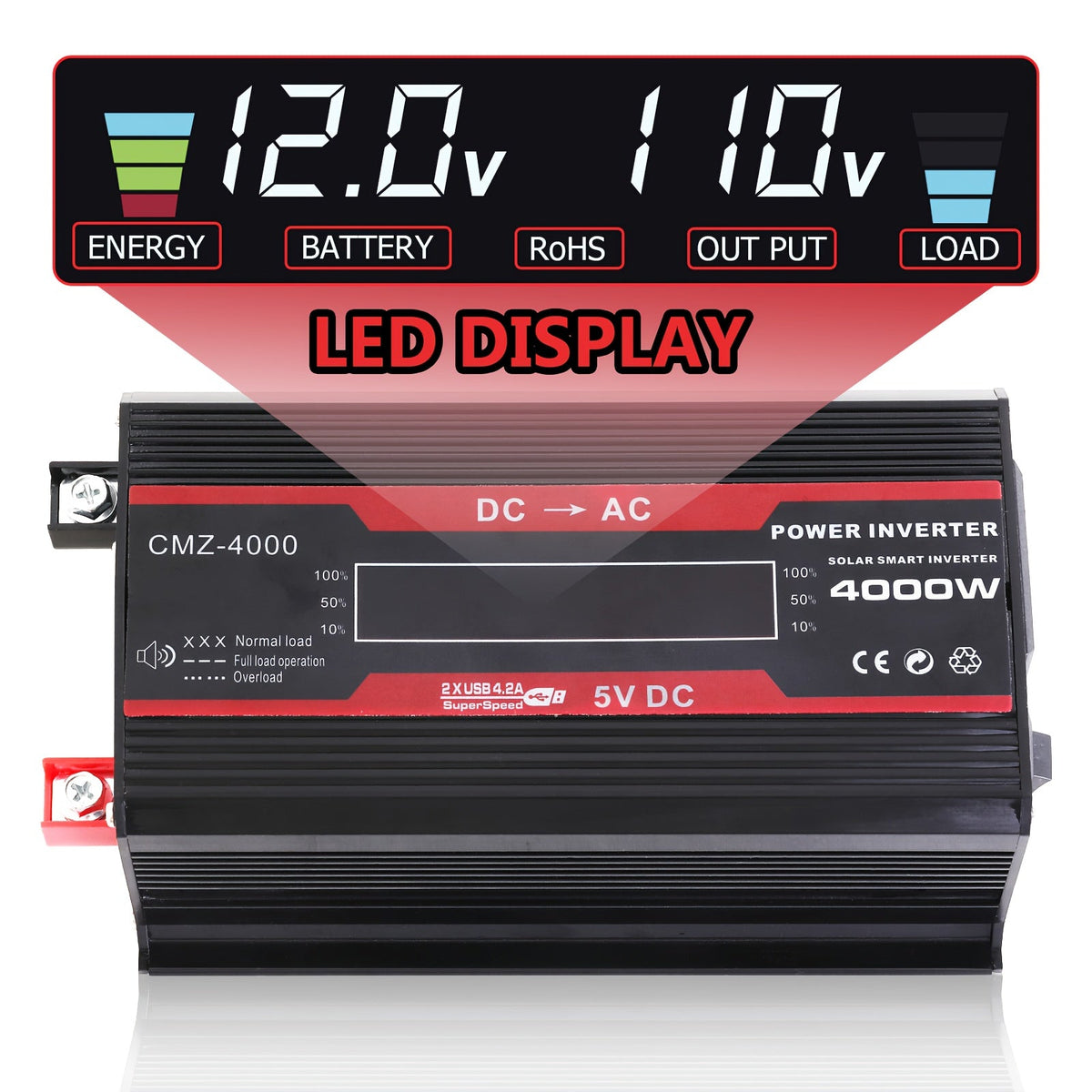 Onduleur de voiture 4000W CC 12V vers CA 110V avec écran LCD, ventilateur de refroidissement et protection contre les surcharges - Convertisseur portable de 800W nominal pour voyages en voiture, camping, activités en extérieur et kits d'urgence