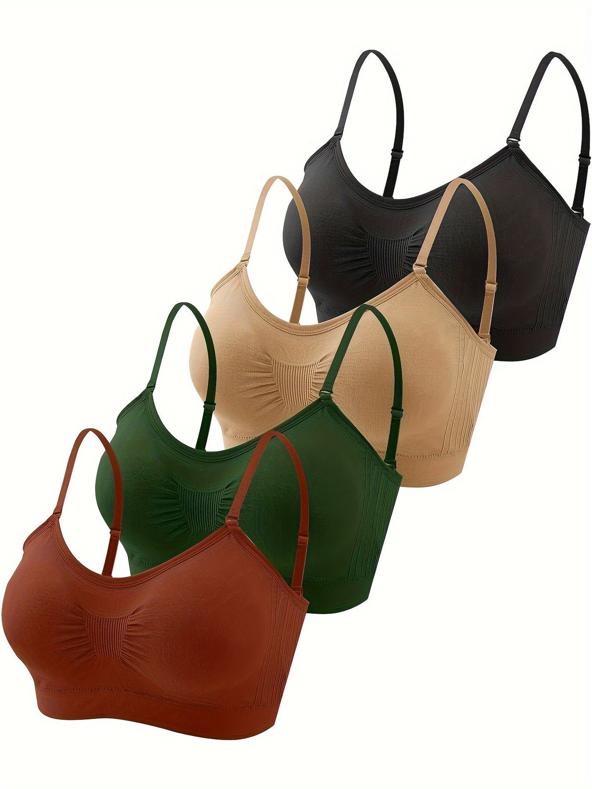 Lot de 4 brassières débardeurs à col en V avec coussinets – Soutien-gorge de sport sans armatures avec bretelles réglables pour femme, ensemble de brassières douces avec coussinets pour le quotidien, tailles S-XL, couleurs rouille, beige, vert, bleu