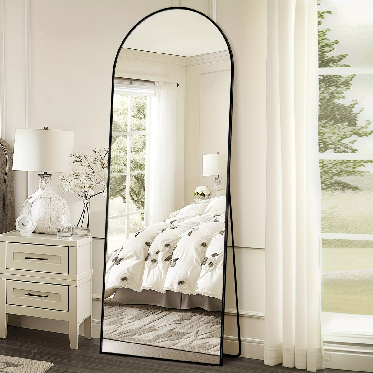 Miroir sur pied pleine longueur à sommet cintré – Miroir plein corps avec support pour chambre, salon et dressing, peut être fixé au mur, disponible en 3 tailles et 2 coloris (noir et doré)