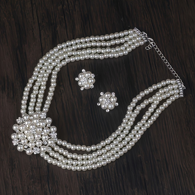 Parure de luxe collier et boucles d'oreilles pour femme – Bijoux plaqués argent perlés pour mariage, soirée et spectacle, accessoires de robe élégants