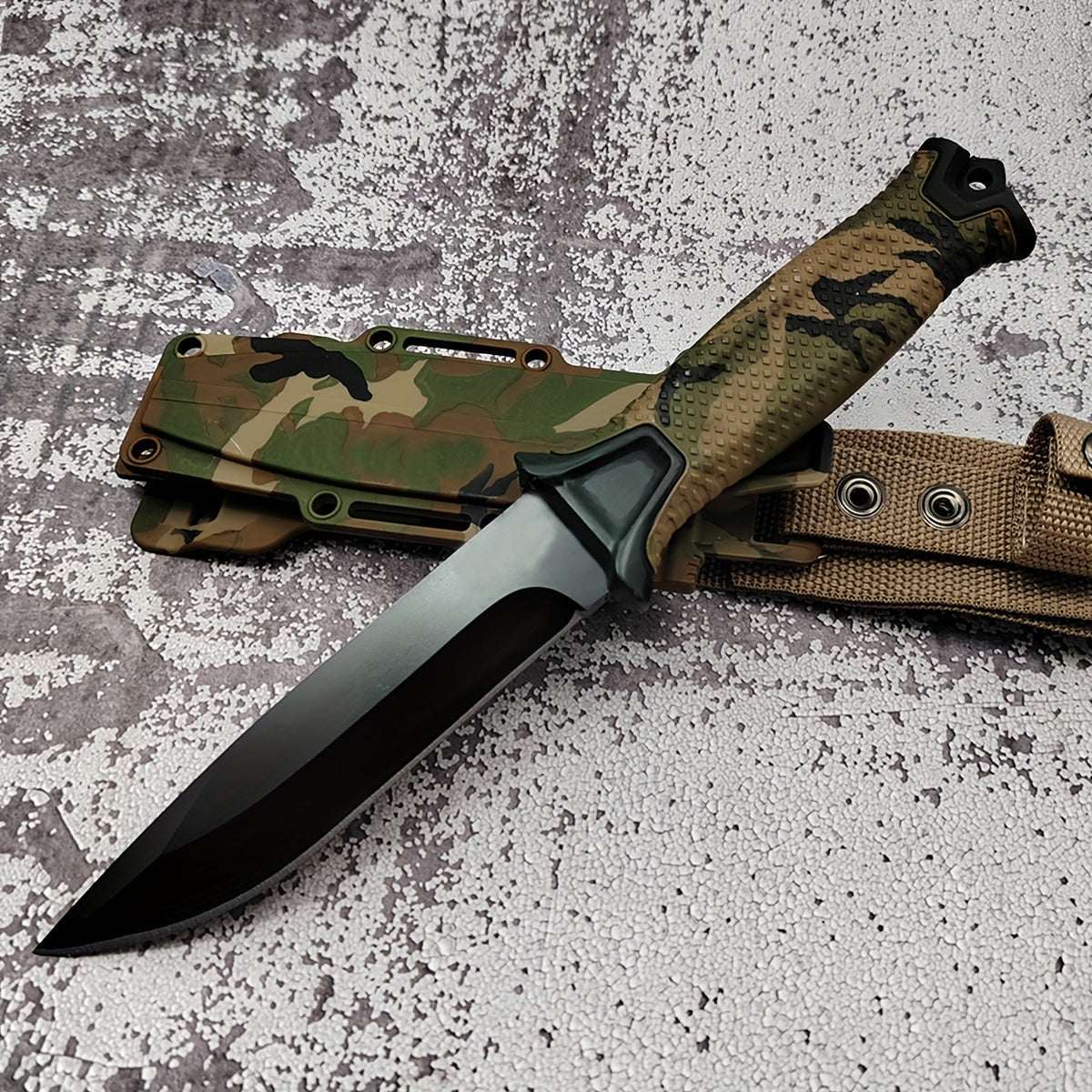 Couteau à lame fixe pour extérieur – Lame droite en acier inoxydable, manche antidérapant, étui type K, couteau EDC pour chasse, pêche, camping, survie, camouflage, outil de terrain polyvalent pour hommes